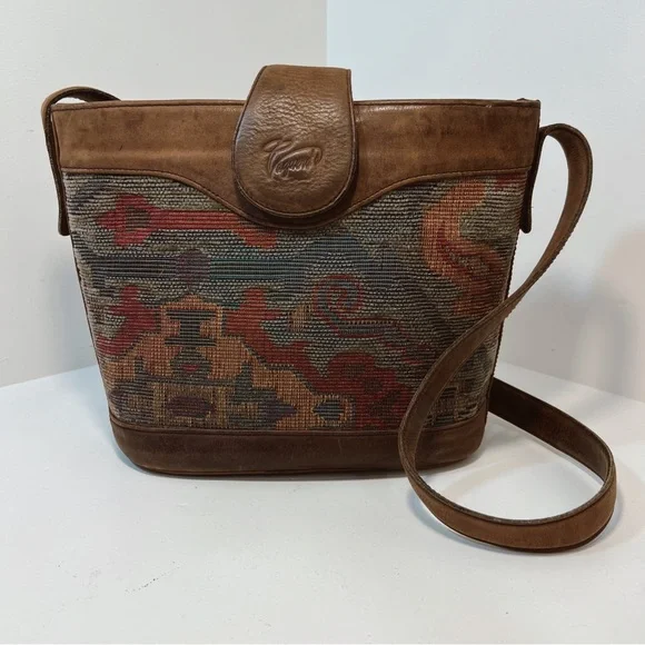 Vintage Brown Leather‎ & Tapestry Crossbody Bag