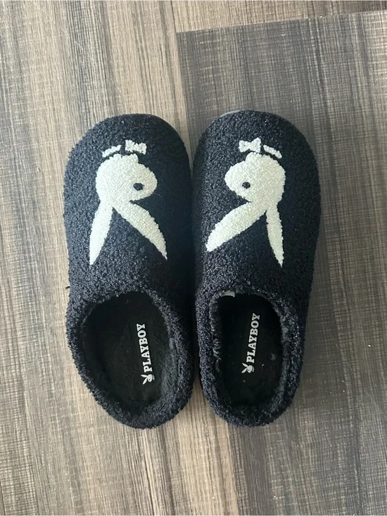 PLAYBOY Memory Foam Black Slippers with White Bunny
