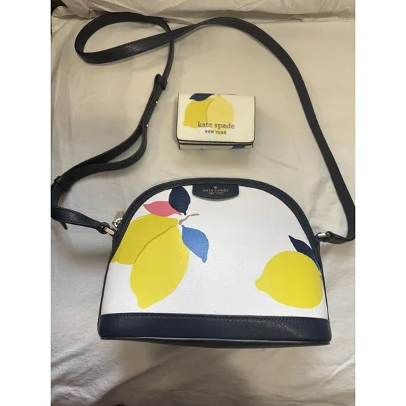 Kate Spade New York Lemon Print Dome Style Crossbody Bag With Matching Compact W