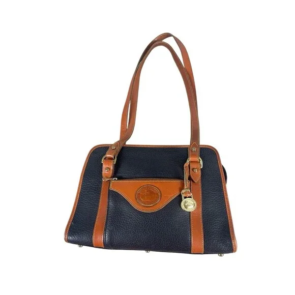 Dooney & Bourke AWL Navy Brown Pebbled Leather Top Handle Satchel Purse Bag 90s