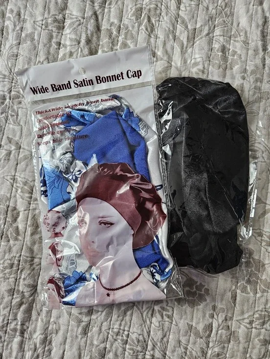 Satin Bonnet Caps Black + Floral Satin Set