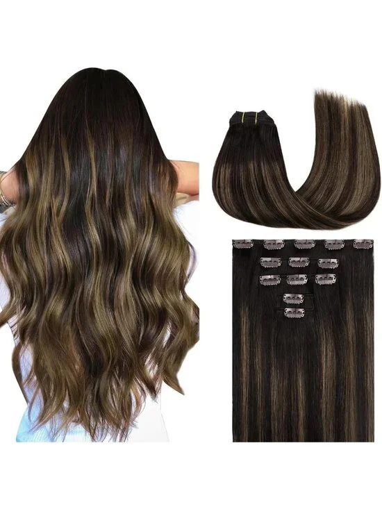 16-Inch Clip-In Remy Human Hair Extensions - Double Weft, Balayage Dark