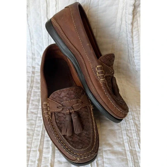 Johnston & Murphy Tassel Loafer Brown Woven Leather Moc Toe Coastal Mens 8M