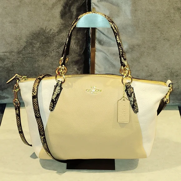COACH KELSEY EXOTIC COLORBLOCK SNAKE TRIM PEBBLED LEATHER CROSSBODY SATCHEL