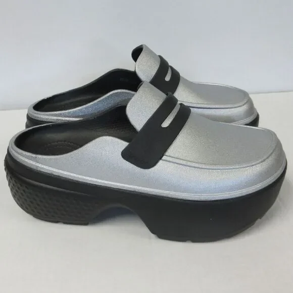 CROCS Stomp Metallic Penny Loafer Mens Sz 6 Black Silver Platform Clog Shoes NEW