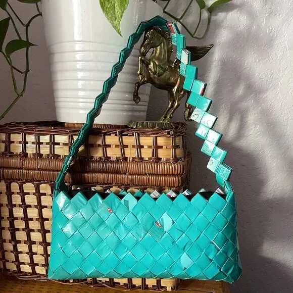 VTG Handmade Upcycled Bimbo Wrapper Woven Shoulder Bag Turquoise Wearable Art