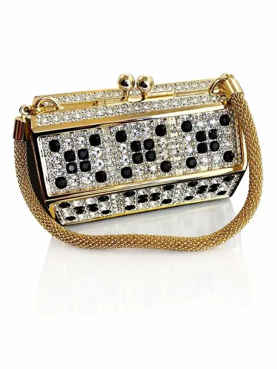 RARE Ruccini Jeweled Rhinestone Minaudiere Evening Bag Black Crystal Gold Purse