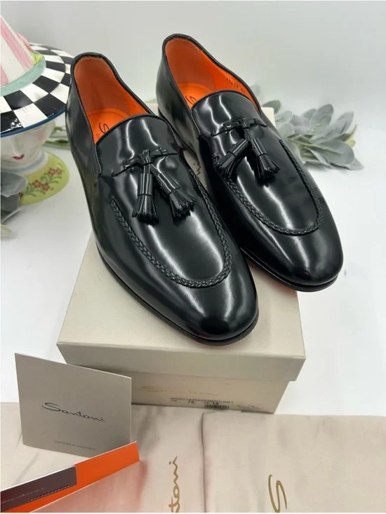 Men’s SANTONI black leather tassel loafer size 13 US made in Italy