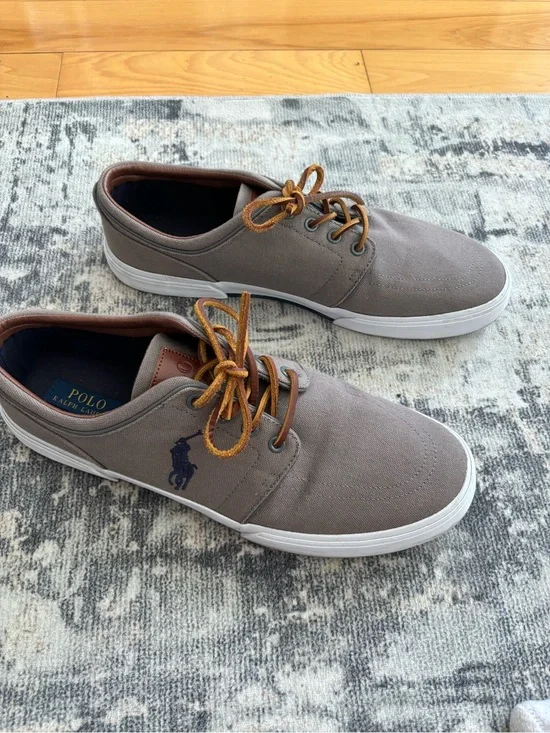 Polo by Ralph Lauren Taupe Canvas Lace-Up Loafers with Navy Polo Logo