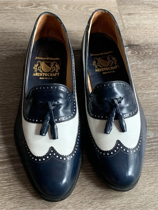 Johnston & Murphy Navy and White Tassel Wingtip Loafers