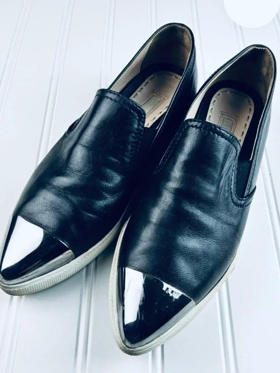 Maika Black Slip-On Leather Sneakers with Silver Cap Toe