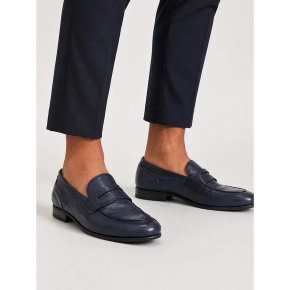Lukure Navy Blue Leather Penny Loafers Handmade in Italy Size 43 US 10