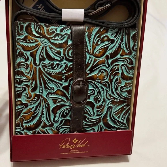 Patricia Nash Venezia Crossbody Bag Turquoise Tooled Leather Gift box NIB
