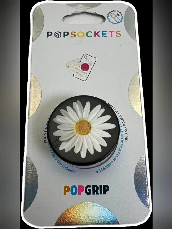 PopSocket PopGrip Black with White Daisy and Yellow Center