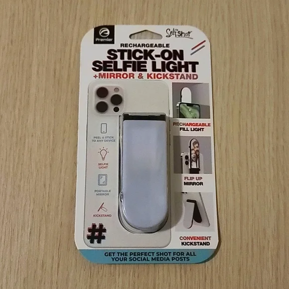 Stick-on selfie light + mirror & kickstand
