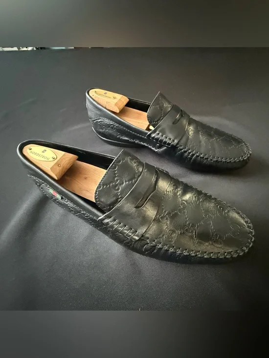 Gucci Guccissima Black Leather Penny Loafers Mens 12 G