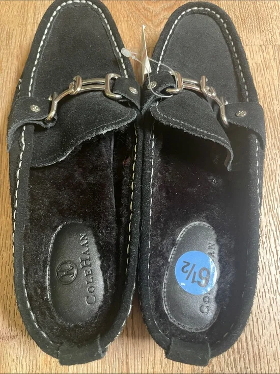 Cole Haan waterproof Suede Horsebit Mule Clogs Black Faux Sherling Lined NWT