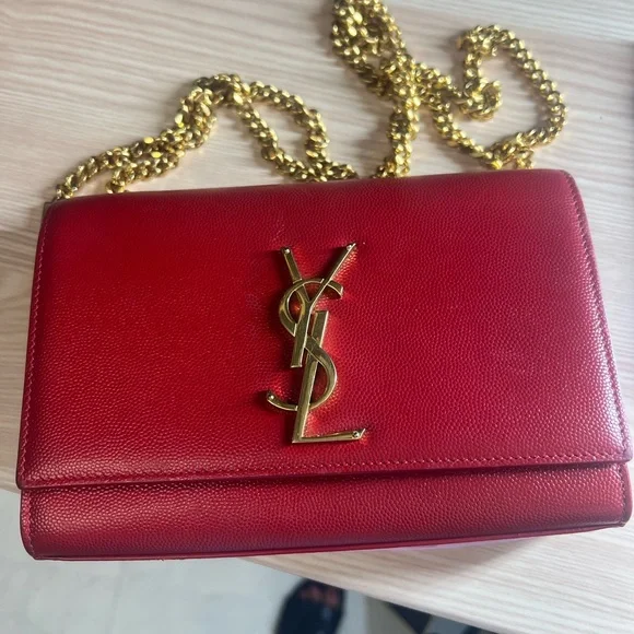 Yves Saint Laurent Red Leather Crossbody Bag with Gold Chain