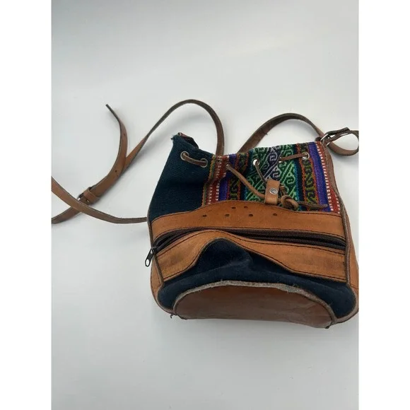 Boho Leather Woven Textile Bucket Bag Crossbody Drawstring Tribal Pattern Brown