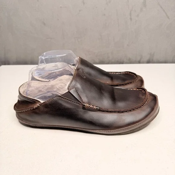 OluKai Moloa Slipper Mens 9 Dark Wood Leather Shearling Lined Loafers
