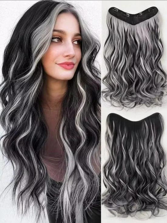 Black & Silver Clip-In Wavy Hair Extensions - Sleek Two-Tone Look 2 Pieces