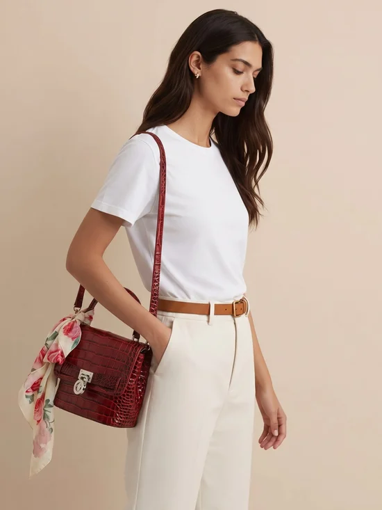 Red Croc-Embossed  Faux Leather Crossbody Bag with Floral Scarf