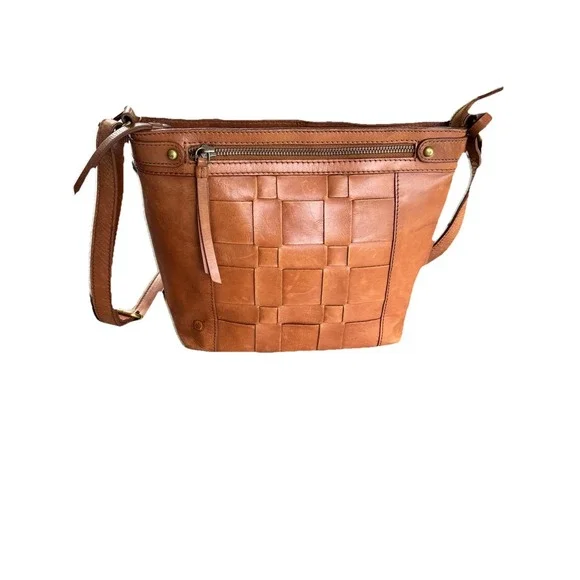 Born Brown Leather Woven Crossbody Bag Basket Weave Design