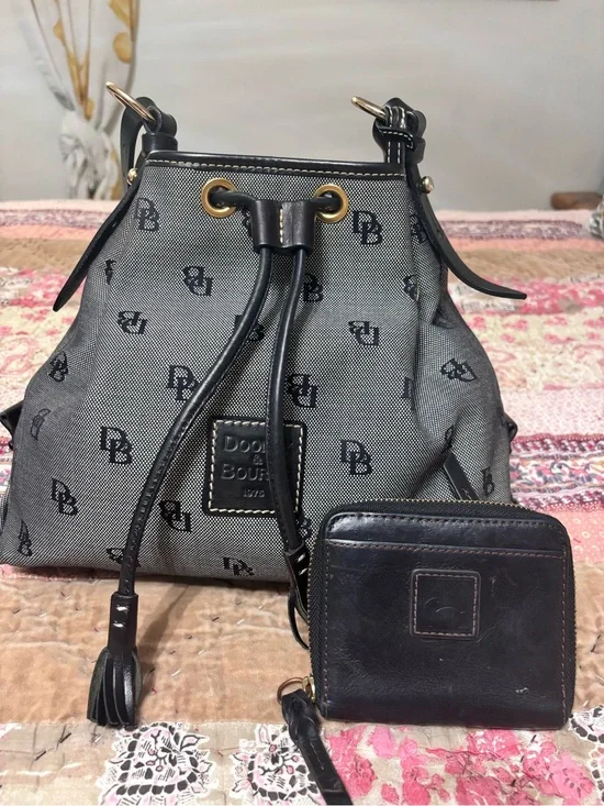 Dooney & Bourke Gray Logo Drawstring Bucket Bag with Black Leather Wallet