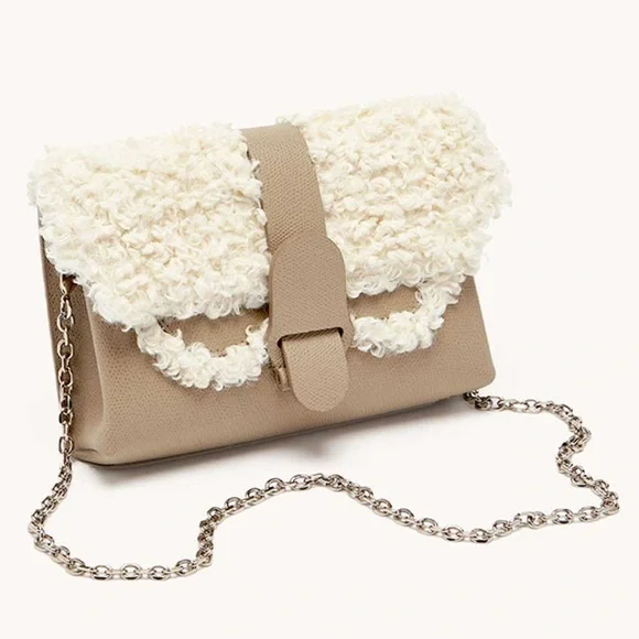 NWT Senreve Bag Apres Aria Crossbody in Faux Shearling Sand Silver
