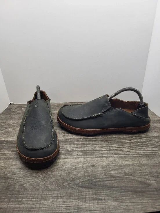 OluKai Moloa Slip On Loafers Shoes Black Leather Drop Heel Casual Mens 8.5