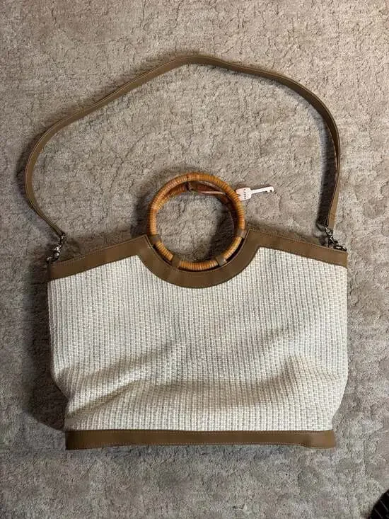Vintage Fossil Woven Straw and Tan Leather Handbag with Bamboo Handles