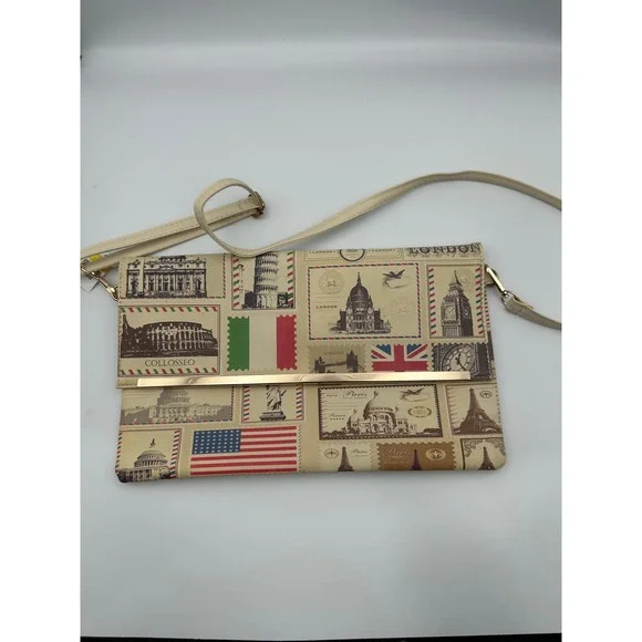 Travel Postage Stamp Print Crossbody Bag Global Landmark Clutch Cream‎ Gold Bar