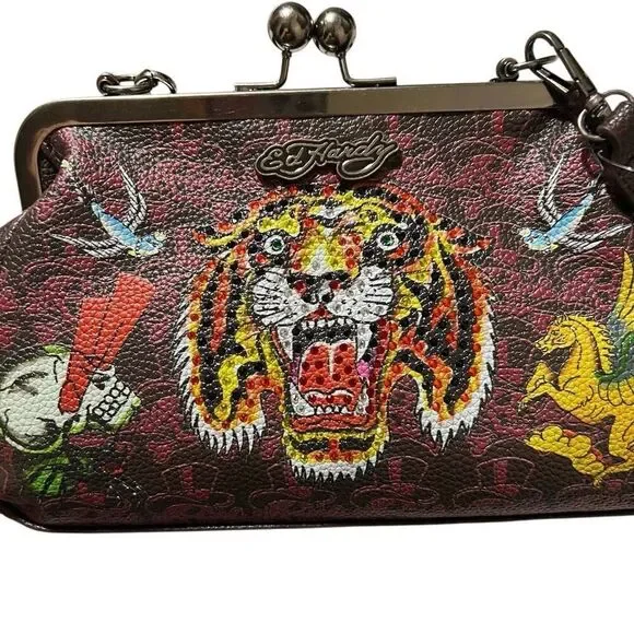 New Retro Y2K Ed Hardy Logo Bling Tiger Kiss lock Clutch removable chain strap