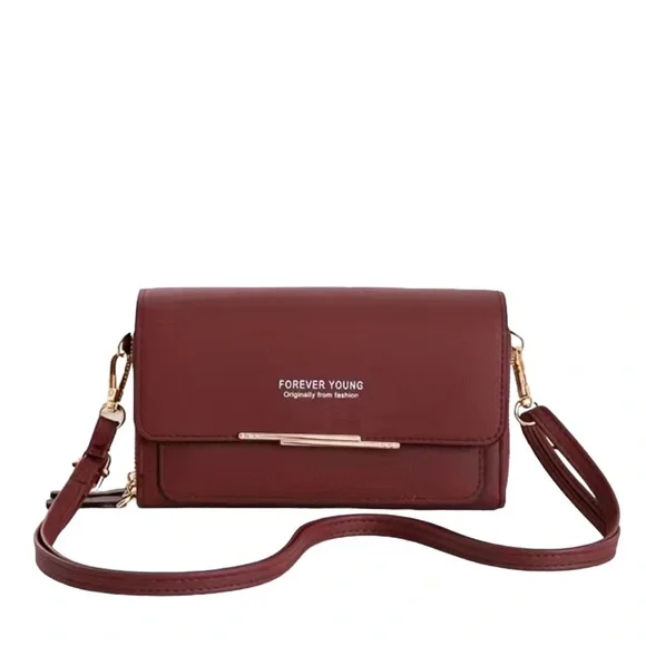 New! Nice Dark Red Crossbody Travel Wallet Gold Metal Zippered Compartments