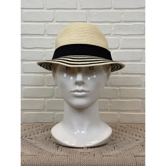 Cream Straw Fedora Black Striped Brim One Size