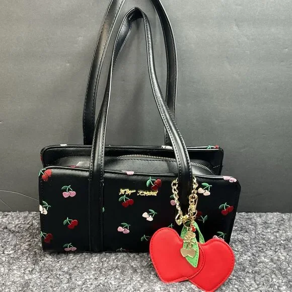 Betsey Johnson XOMACK Shoulder Bag Black Red Embroidered Cherry Charm NWOT
