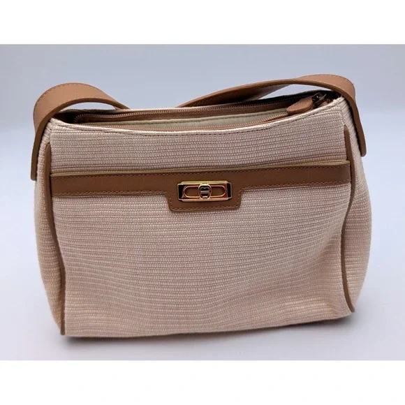 Etienne Aigner Crossbody Bag Tan Cream Woven Straw Leather Trim Gold Hardware