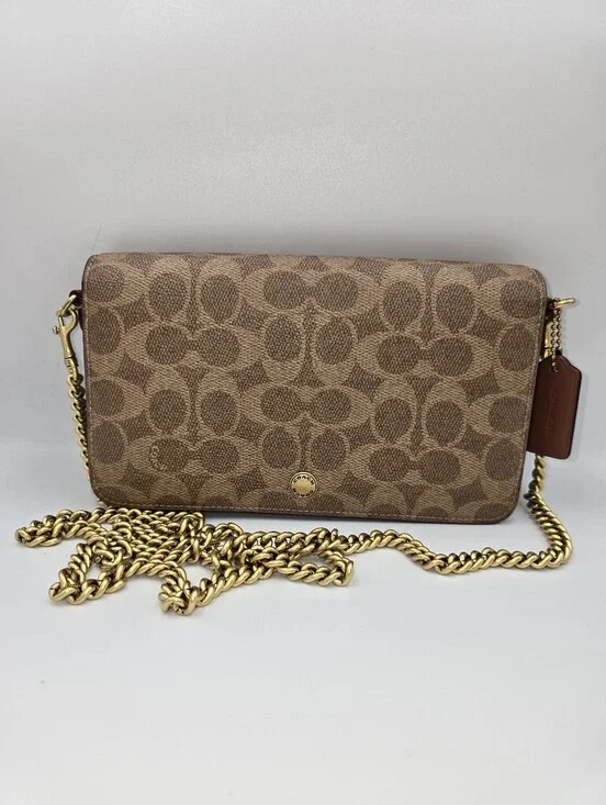 COACH CAO03 Mila Crossbody Clutch Brown Signature Coated Canvas Chain Strap
