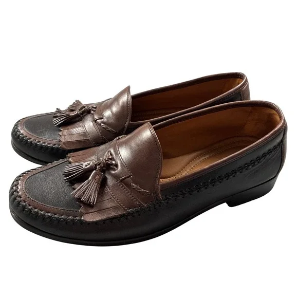 Domani Mens 11M Two Tone Brown Black Leather Tassel Kiltie Loafers India Preppy