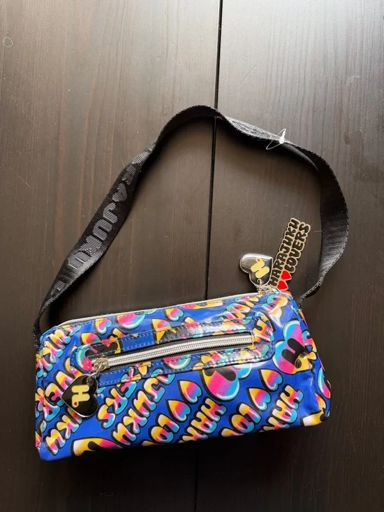 Y2K Harajuku Lovers Blue Multicolor Logo Heart Print Shoulder Bag Metal Tag