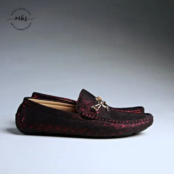 NWT Royal‎ Shoes Metallic Loafers with Golden Decor Burgundy Men 8