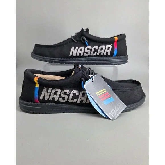 Hey Dude Wally NASCAR Shoes Mens Size 12 Black Ripstop Slip On‎ Loafers NWT