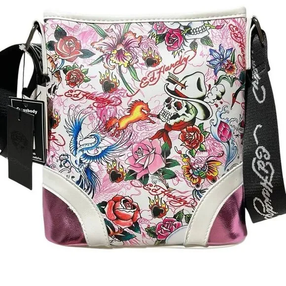New Retro Y2K Ed Hardy Pink Metallic white tattoo print crossbody Skull Charms