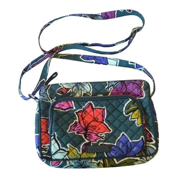 Vera Bradley 2017 Falling Flowers Quilted Crossbody Satchel Bag Teal Pink Green