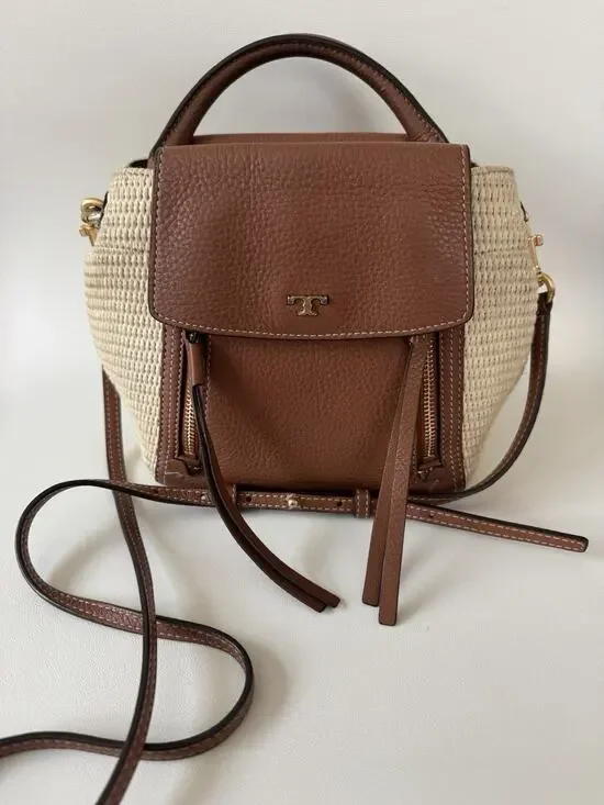 Tory Burch Straw Leather Bucket Bag Crossbody / Top Handle Half Moon