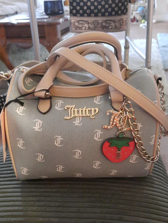Juicy Couture Gray Monogram Crossbody with Beige Trim and Red Strawberry Charm