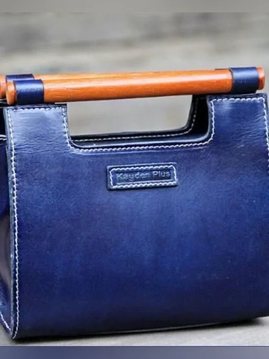 Kayden Plus Navy Leather Top-Handle Crossbody Bag with Wood Accent. NWOT