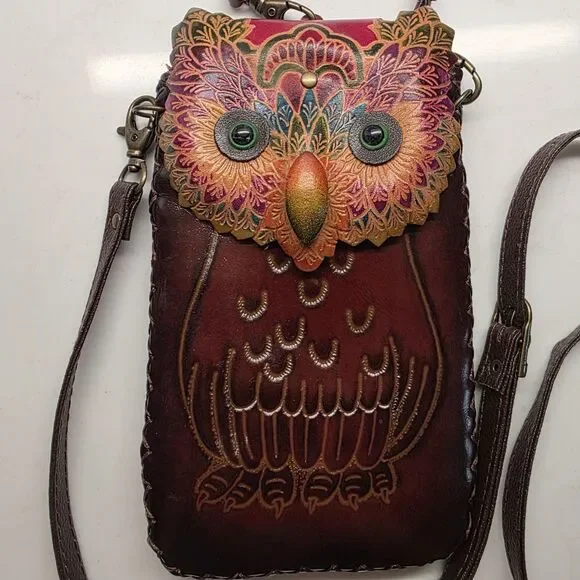 Genuine Leather  Colorful Owl Cross-body Wallet/Purse