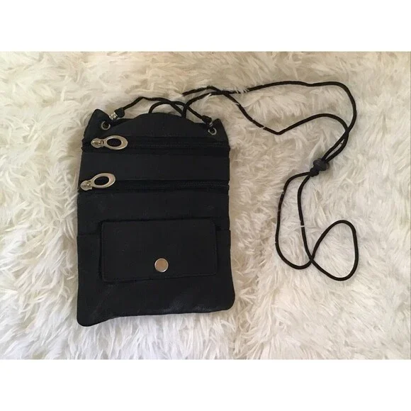 Small Black Pouch Handbag Adjustable Strap Pockets Zip Crossbody Travel Casual