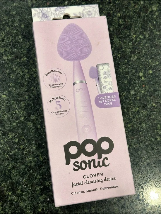 Pop Sonic Clover Facial Cleansing brush device Lavender w floral case NEW facial